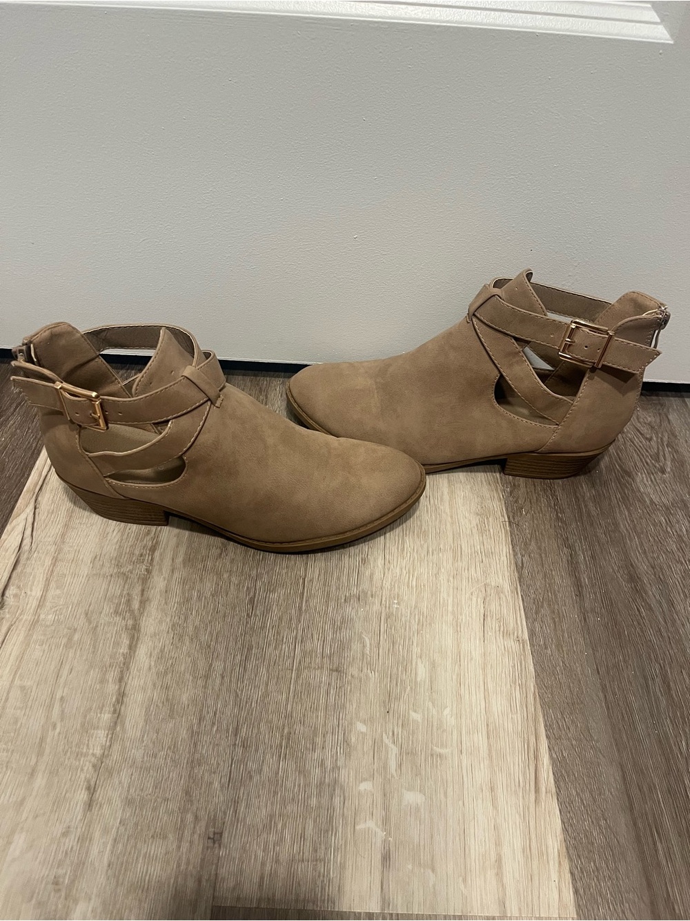 Women's Taupe Cutout Ankle Booties with Buckle